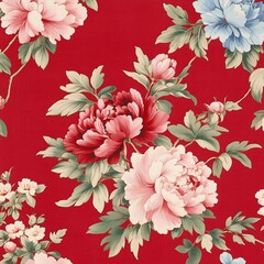 Elegant floral pattern with peonies in pink, red, and blue on a textured red background