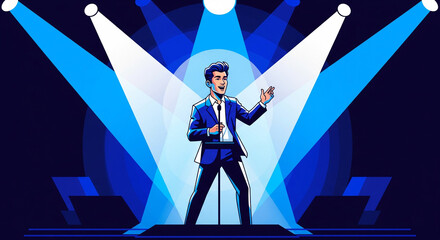confident man performing on stage under bright spotlights