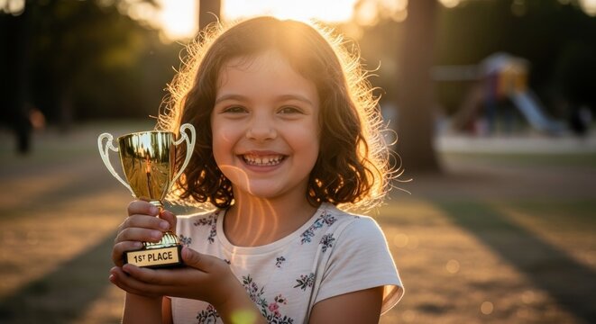 Smiling child glows holding a small gold trophy in a park