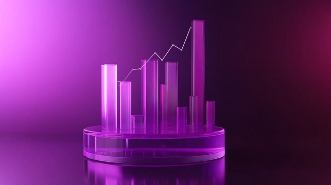 Round 3d bar graph with rising trend line in purple