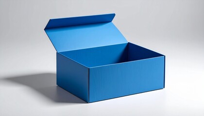 Open blue cardboard box with crisp edges on a neutral surface