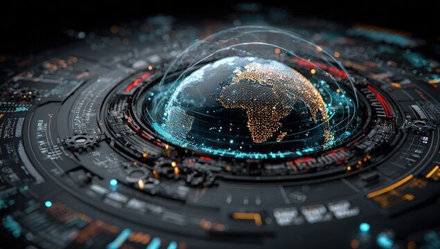 Artistic depiction of a digital globe surrounded by interconnected circuits and glowing lines
