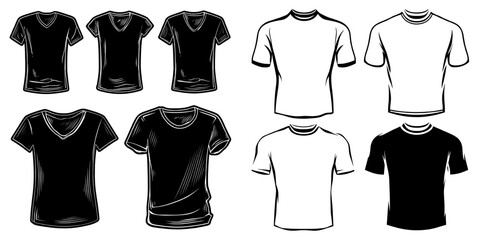 Modern illustration of various T-shirt necklines is presented in a flat sketch with a technical CAD drawing template