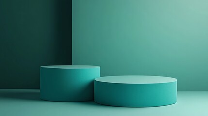 Two teal cylindrical pedestals on a teal background