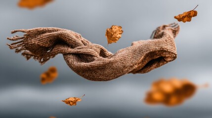 Woven scarf, autumnal leaves, windy day