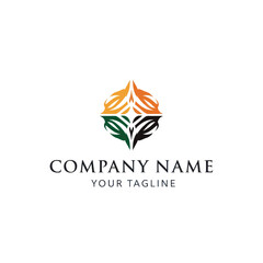 Abstract symmetrical logo design with four tribal-style elements in orange, green, and black, with placeholder text.