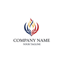 A stylized flame logo with blue, red, and yellow colors, set against a white background, with 