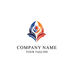 Obraz premium Abstract company logo with colorful flame or petal-like shapes in blue, orange, and red, featuring text placeholders for company name and tagline.