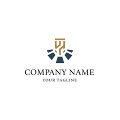 Abstract logo design featuring a stylized building or structure, radiating lines, and a company name.