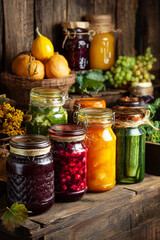 A counter with jars of homemade preserves, freshly canned fruits and vegetables, symbolizing seasonal bounty and self-sufficiency.