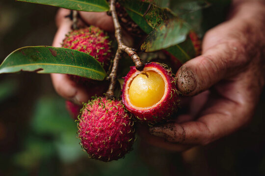 Hands carefully peeling a vibrant fruit, revealing its juicy interior, emphasizing freshness and natural goodness. - Powered by Adobe