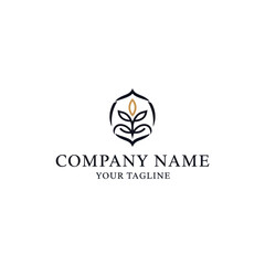 Elegant logo design of a stylized plant with a golden bud inside an ornate black frame.