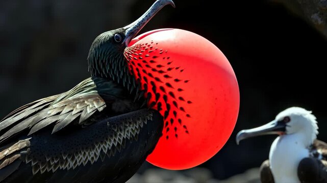 Male magnificent frigatebird with large inflated red gular sac for mating display. Wildlife photography banner. Animal courtship behavior in nature