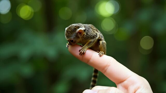 Tiny pygmy marmoset, world's smallest monkey, perched on human finger. Close-up banner with soft bokeh background in green forest. Concept of wildlife, nature, and fragility
