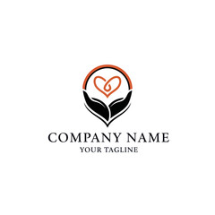 A logo featuring two cupped hands supporting a stylized heart shape within a circular frame, symbolizing care and community.
