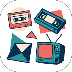 Retro 1980s and 1990s nostalgia with vintage cassette tape vhs and television