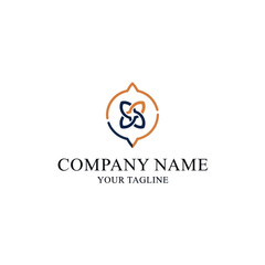 Elegant logo design featuring an intertwined shape within a speech bubble, with company details.