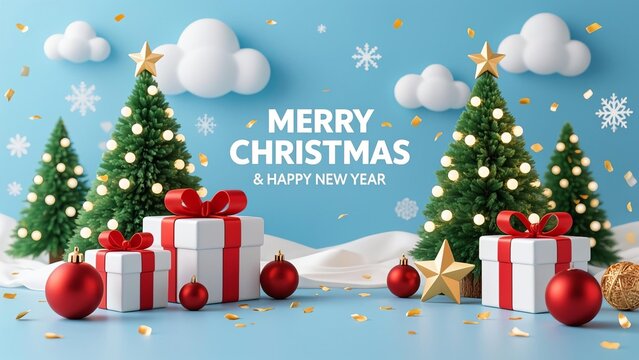 Realistic light blue background with fluffy white clouds, glowing green Christmas trees, white gift boxes with red ribbons, red baubles, gold stars, snowflakes, and golden confetti - Powered by Adobe