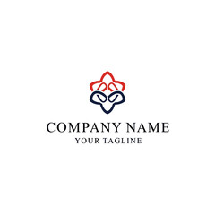 An abstract logo design featuring a symmetrical, stylized floral or geometric shape in red and navy blue on a white background.
