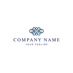 Abstract logo design featuring intertwined teal and navy blue lines forming a stylized oval shape.
