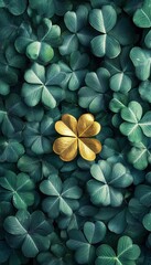 A single golden fourleaf clover stands out amongst green clovers
