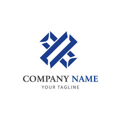 A modern blue abstract geometric logo with an intertwined X-shape and placeholder text for company branding.