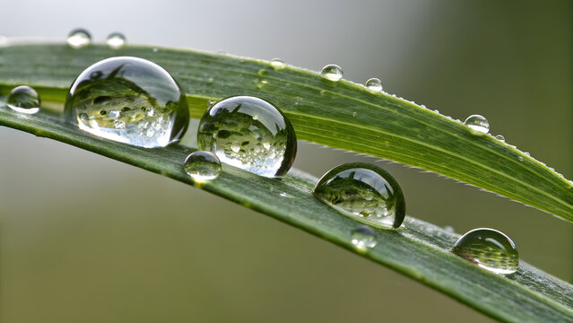 Dew drops on green grass blade macro water droplet