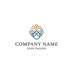 Elegant logo design featuring an abstract floral or ornamental shape in gold and blue lines, with space for a company name and tagline.
