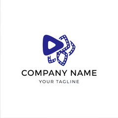 A stylized logo featuring a play button icon intertwined with a film strip, rendered in blue.
