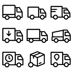 Delivery Truck Icons Assorted Black Line Art Depicting Shipping and Logistics.