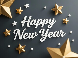 Elegant white cursive 'Happy New Year' with subtle paper texture on dark gray gradient background, surrounded by 3D gold metallic stars and tiny white specks