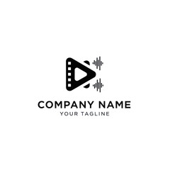 A black and white logo template featuring a play button, film strip, and audio waveform for a media company.