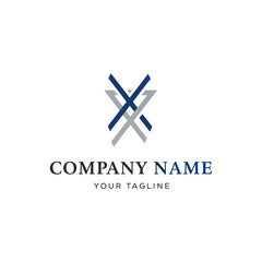 A modern abstract logo design featuring two interlocking X-shaped letters in blue and grey, with placeholder text for company name and tagline.