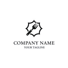 Obraz premium A simple black and white food-themed logo featuring a fork silhouette inside a decorative eight-pointed star frame.