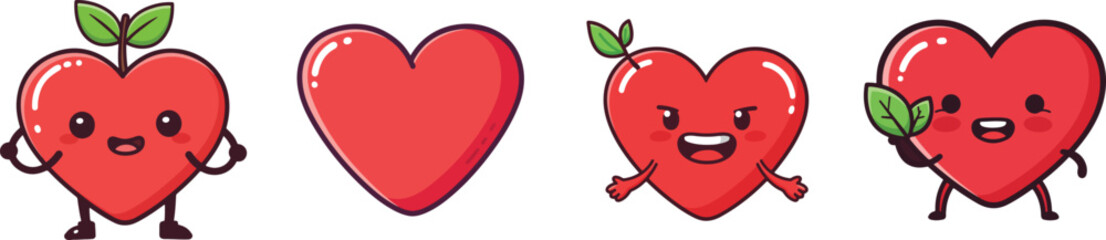 Four adorable cartoon hearts with different expressions and accessories such as leaves and arrows expressing love and joy for valentine's day vector