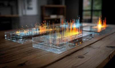 Futuristic data visualization displayed on glass blocks atop a wooden table, emitting vibrant light