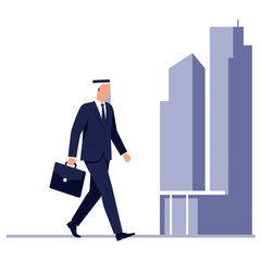 Businessman in traditional attire walking towards modern city buildings.