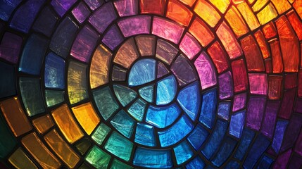 Colorful stained glass mosaic in a spiral pattern with vibrant hues