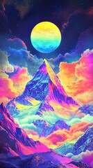 Vibrant psychedelic mountain landscape under a rainbow moon
