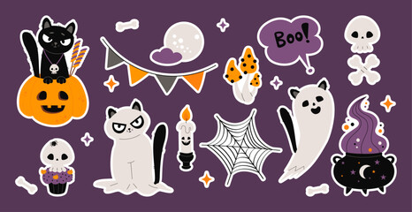 Fototapeta premium Cute Scary Halloween Stickers. Black Cat in Pumpkin jack and Ghost animal, Spooky Cupcake, skull, spider web, cauldron, Bones, candle, and creepy mushroom. Isolated Vector illustration. Not AI