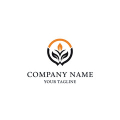 Obraz premium Abstract circular logo featuring stylized green leaves and an orange flame-like element, symbolizing growth and innovation, with placeholder text for company name and tagline.