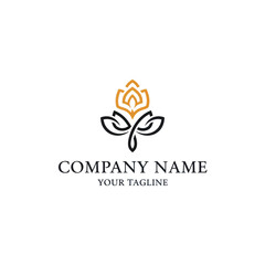 Elegant logo design featuring a stylized flower or bud with leaves, presented in gold and black on a white background.
