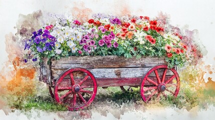 Rustic wooden wagon filled with vibrant flowers