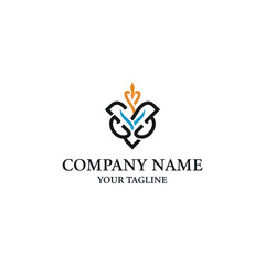 Elegant abstract logo design featuring intertwined shapes and a crest, with placeholder text for "COMPANY NAME" and "YOUR TAGLINE.".
