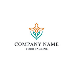 An abstract logo design featuring stylized orange and teal leaves with placeholder text for a company name.