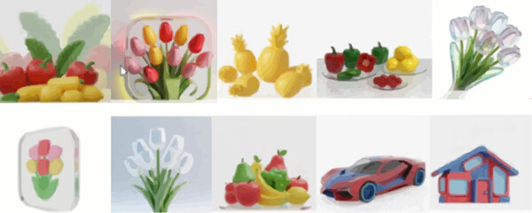 Colorful plastic fruits, flowers, and toy car on white background  