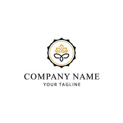 Elegant logo design featuring a stylized floral emblem, text, and a circular frame.