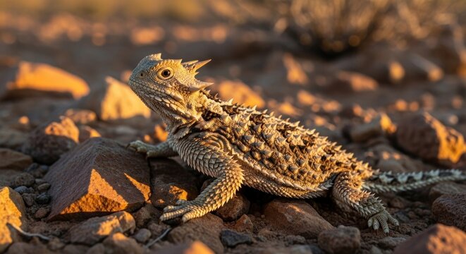 Horned lizard, camouflage, on arid rock bed. Warm light. Sharp focus