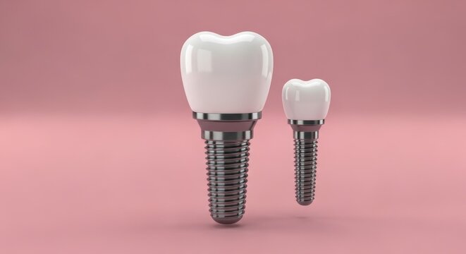 Dental Implants: Size Comparison - Two dental implants shown, one larger than the other, against a pink background. Illustrates size variation in dental implant procedures