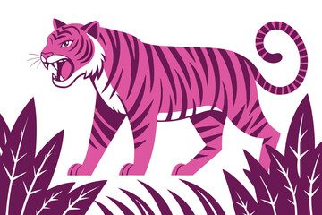 Pink tiger walking through purple foliage illustration
